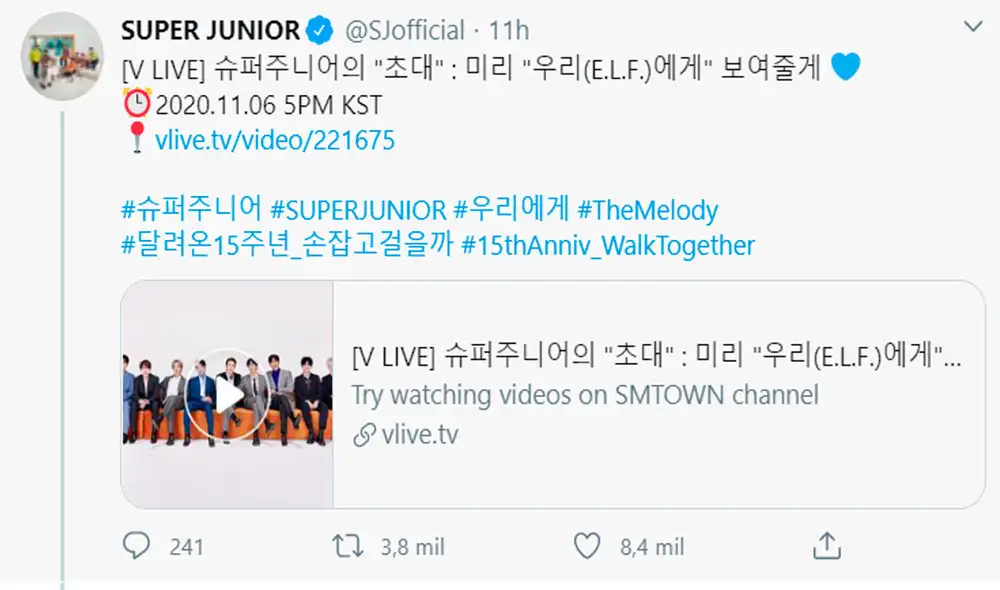 Tuit sobre el evento de estreno de "The melody" de SUPER JUNIOR por V Live. Foto: Captura Twitter