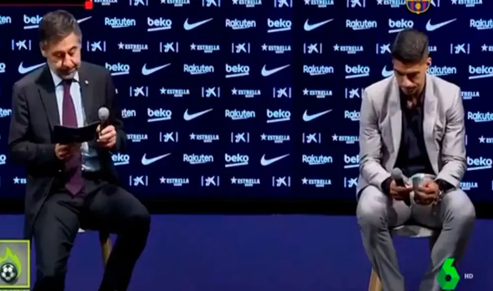Luis Suárez brindó una conferencia para despedirse del club y sus compañeros. Foto: Captura de Barca TV