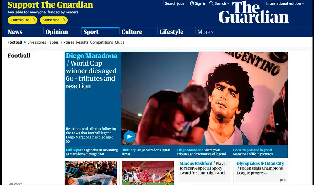 The Guardian informó así sobre la muerte de Diego Armando Maradona. Foto: captura