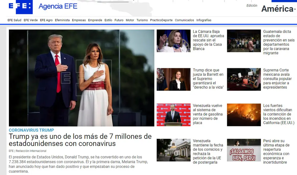 Así informó Agencia EFE el positivo al Covid-19 de Donald y Melania Trump. Foto: Captura web Agencia EFE.