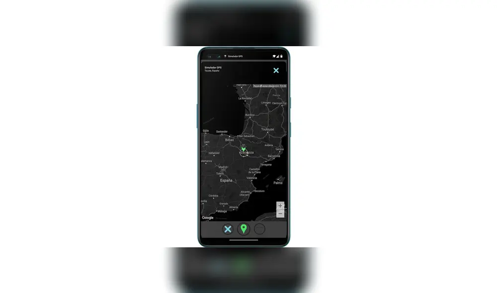 2. Elige la ubicación falsa y pulsa el botón verde de GPS. Foto: Captura.