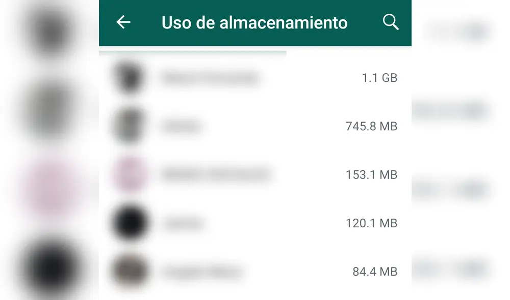 En Uso de almacenamiento podrás ver tu lista de chats y cuánto espacio ocupan en tu teléfono.
