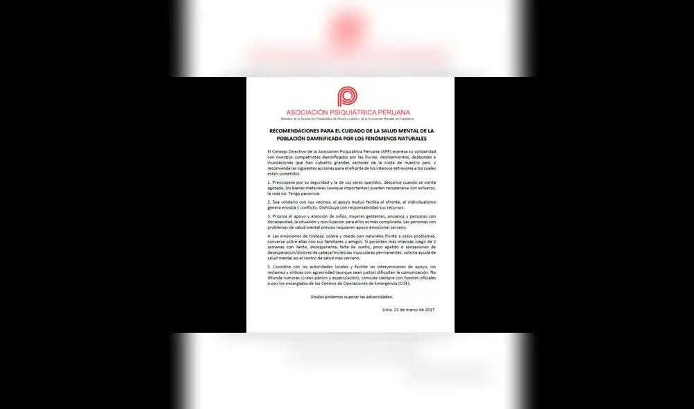 La Asociación Psiquiátrica Peruana aconseja como ayudar a damnificados 