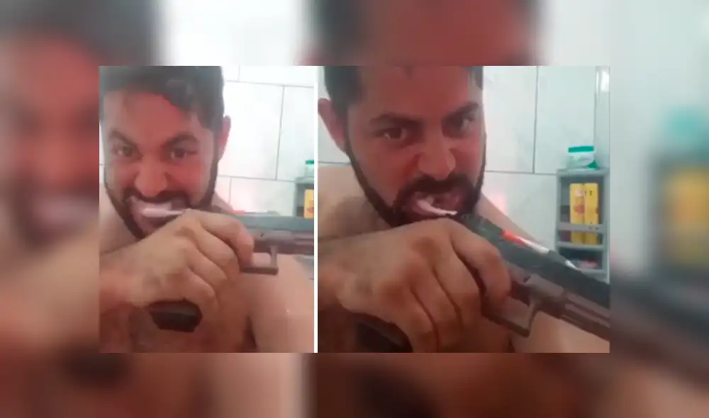 Facebook Viral: Este hombre demuestra que no le tiene miedo a nada al lavarse los dientes con pistola cargada [VIDEO] 