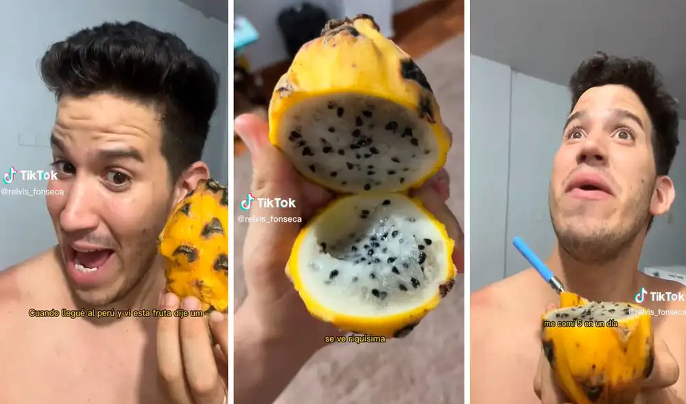 Debido a su llamativa forma y color, el extranjero se animó a probar la ‘fruta del dragón’ en gran cantidad. Foto: composición LR/TikTok/@relvis_fonseca