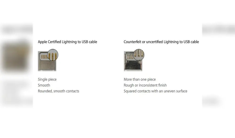 Desliza para ver las diferencias entre un cargador original de uno falso. Foto: Apple.