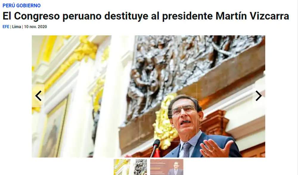 EFE indicó que la moción de vacancia impulsada contra el mandatario fue por las acusaciones de que cometió actos de corrupción cuando era gobernador de la provincia sureña de Moquegua (2011-2014). Foto: captura web EFE indicó que la moción de vacancia impulsada contra el mandatario fue por las acusaciones de que cometió actos de corrupción cuando era gobernador de la provincia sureña de Moquegua (2011-2014). Foto: captura web