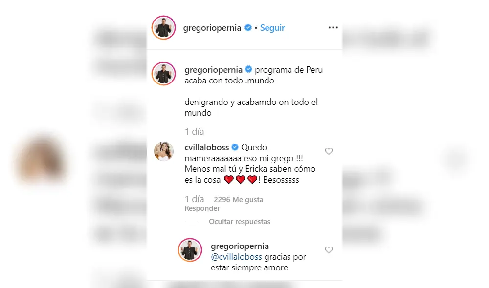 Actriz colombiana Carmen Villalobos defiende a Gregorio Pernía de infidelidad a su esposa. Fuente: Instagram Actriz colombiana Carmen Villalobos defiende a Gregorio Pernía de infidelidad a su esposa. Fuente: Instagram