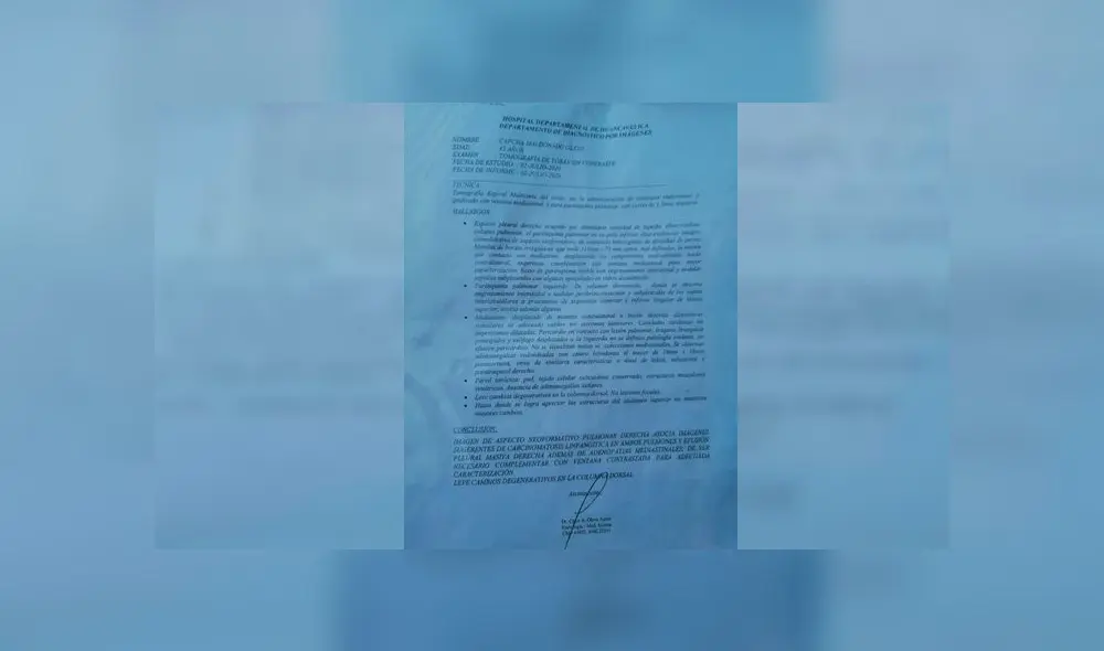 En el documento con la misma fecha del anterior y firma del médico, no mencionan al COVID-19 como posible causa. En el documento con la misma fecha del anterior y firma del médico, no mencionan al COVID-19 como posible causa.