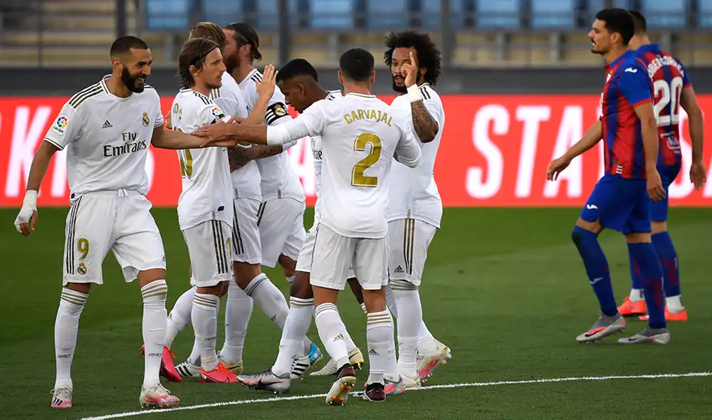 Real Madrid vence al Eibar en el estadio Alfredo Di Stéfano, por la reanudación de LaLiga Santander. Foto: AFP. Real Madrid vence al Eibar en el estadio Alfredo Di Stéfano, por la reanudación de LaLiga Santander. Foto: AFP.