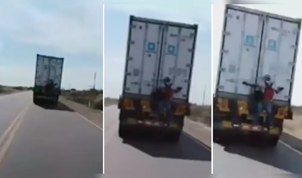 Sujeto viaja colgado de camión. Sujeto viaja colgado de camión.