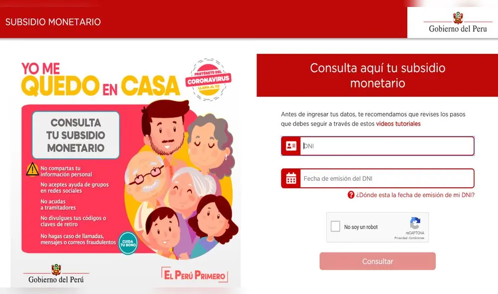 Recuerde que para cobrar el bono solo debe ingresar a la página oficial Yo Me Quedo en Casa. (Foto: Captura de pantalla)