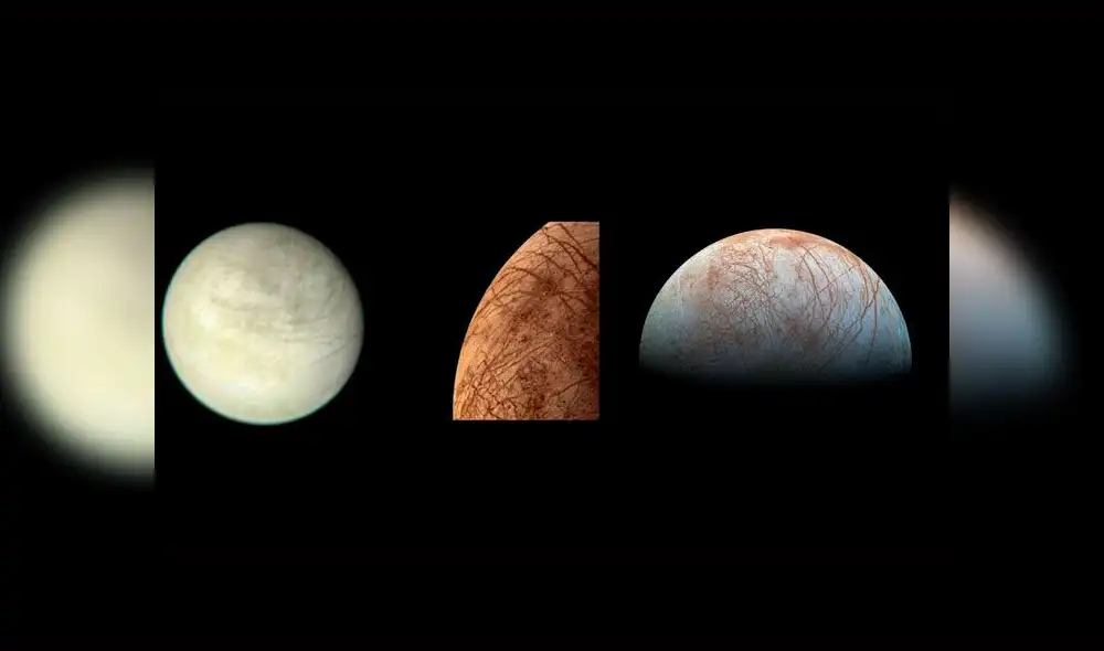 De izquierda a derecha, fotos tomadas de Europa a lo largo del tiempo, cada vez con mayor resolución. Crédito: NASA.