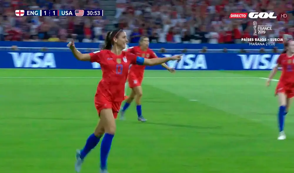 Alex Morgan puso en ventaja en el marcador a Estados Unidos sobre Inglaterra en partido por las semifinales del Mundial Femenino 2019. Alex Morgan puso en ventaja en el marcador a Estados Unidos sobre Inglaterra en partido por las semifinales del Mundial Femenino 2019.