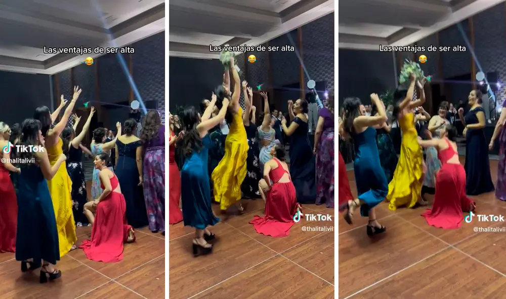 Para evitar opacar a las demás invitadas de la boda, la joven se colocó atrás y se mantuvo quieta en todo momento. Foto: composición LR/TikTok/@thalitalivii