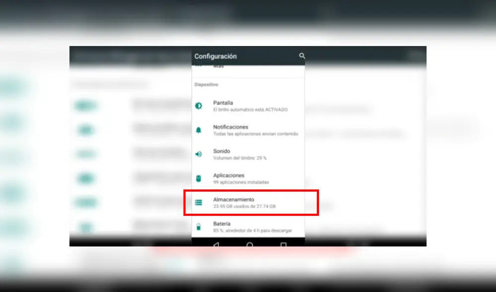 Ve a configuración de tu teléfono y a Almacenamiento. Imagen: pc tutoriales