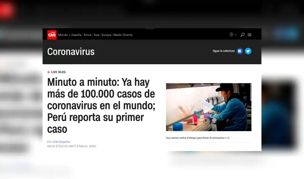 Medios Internacionales sumaron del primer caso de coronavirus en Perú a los más de 100.000 casos de COVID-19 en el mundo. (Foto: Captura)