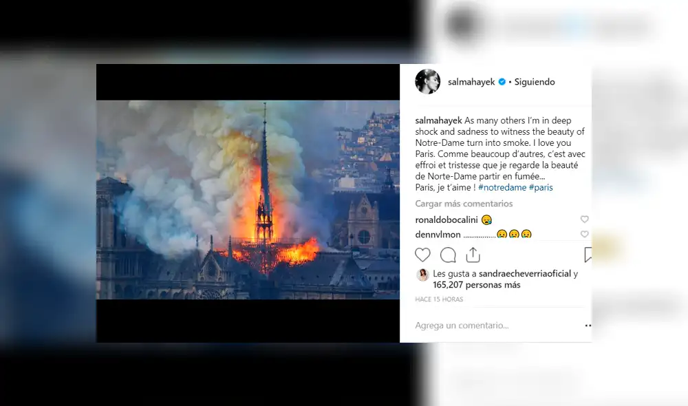 Salma Hayek impacta con reacción tras ver arder Notre Dame [VIDEO]