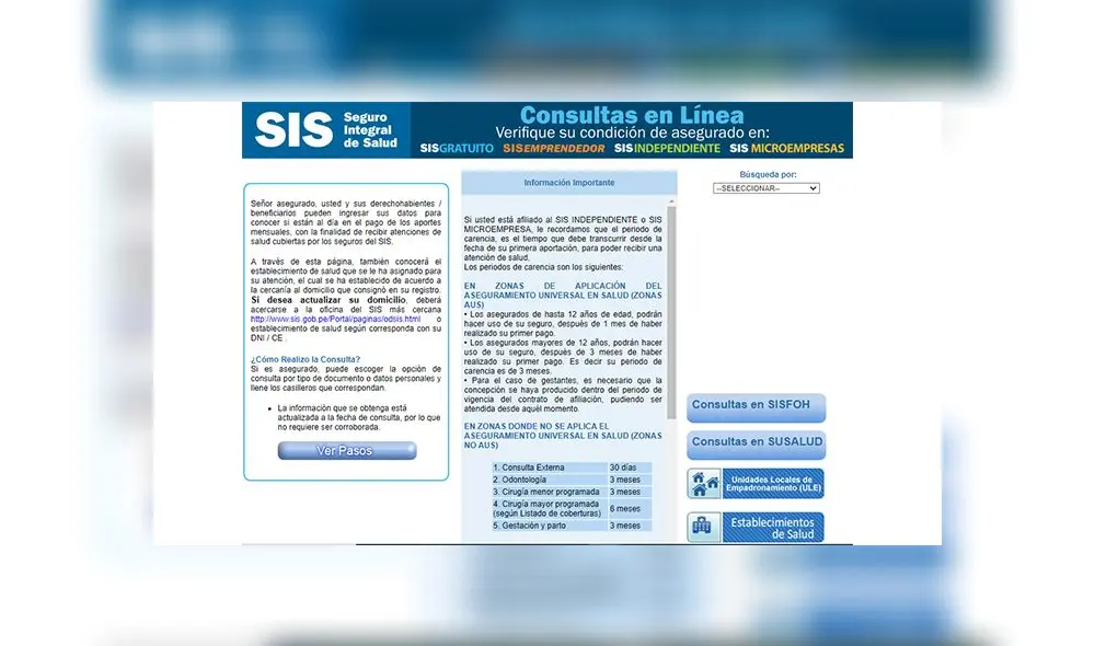 Consulta si estás afiliado al SIS. Foto: captura web SIS.