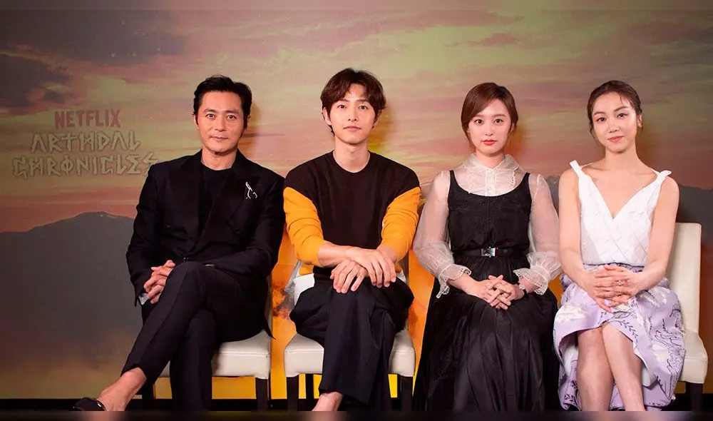 Elenco de Arthdal Chronicles: Jang Dong Gung, Song Joong Ki, Kim Ji Won y Kim Ok Bin.