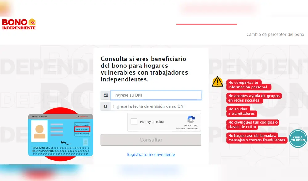 La plataforma online del bono independiente. Foto: captura.
