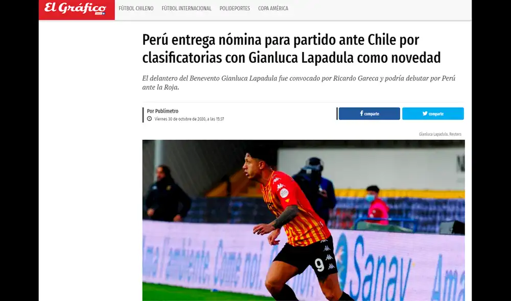 Así informó El Gráfico de Chile sobre la convocatoria de Gianluca Lapadula. Foto: Captura