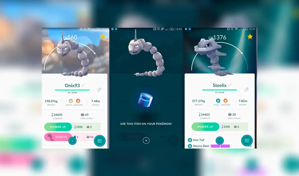 Onix evoluciona en Steelix usando un revestimiento metálico y 50 caramelos.