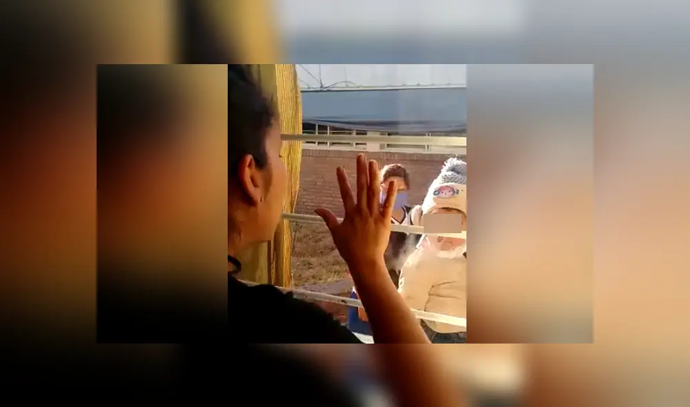 Una mujer con coronavirus debe saludar a su hijo a través de una ventana para no contagiarlo. Foto: Facebook