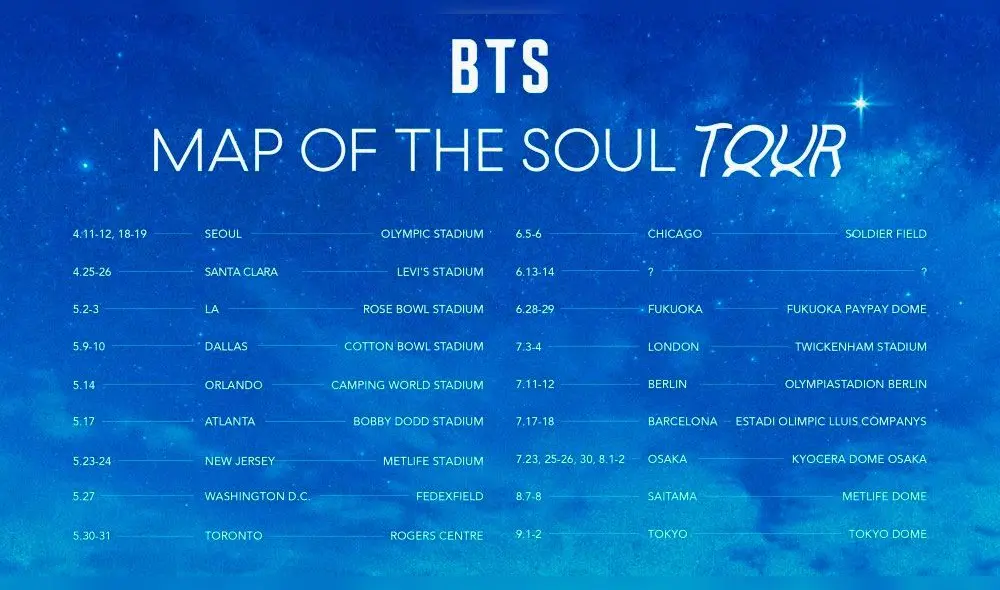 BTS: el tour "Map of the Soul" 2020 incluye países como Corea, Japón, Estados Unidos, Canadá, España y Alemania. BTS: el tour "Map of the Soul" 2020 incluye países como Corea, Japón, Estados Unidos, Canadá, España y Alemania.