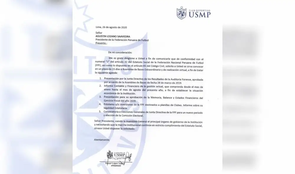 Universidad San Martín pide a AgustÍn Lozano convocar a asamblea.