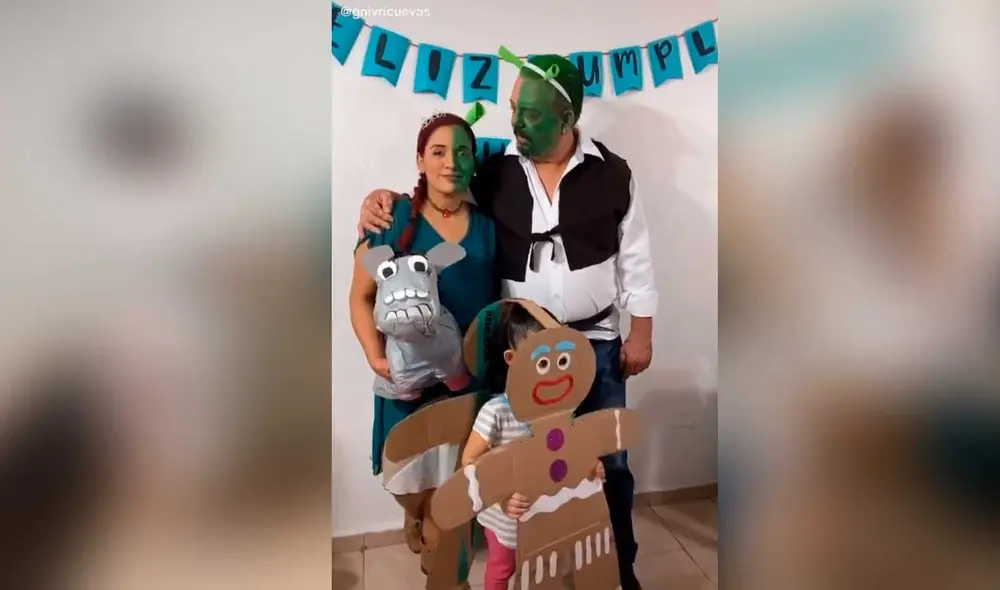 Desliza las imágenes para ver la singular sesión fotográfica que tuvo esta familia fan del ogro Shrek Foto: Captura de TikTok/Irving Cuevas