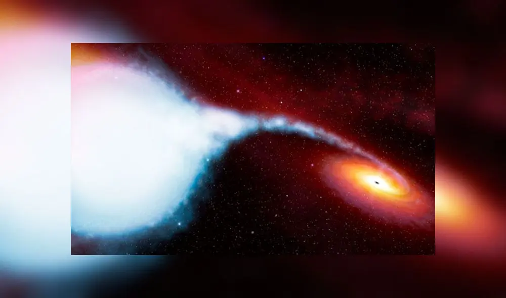 Representación de un agujero negro alimentándose de su estrella compañera, tal como detectaron a LB-1. Imagen: ESA. Representación de un agujero negro alimentándose de su estrella compañera, tal como detectaron a LB-1. Imagen: ESA.