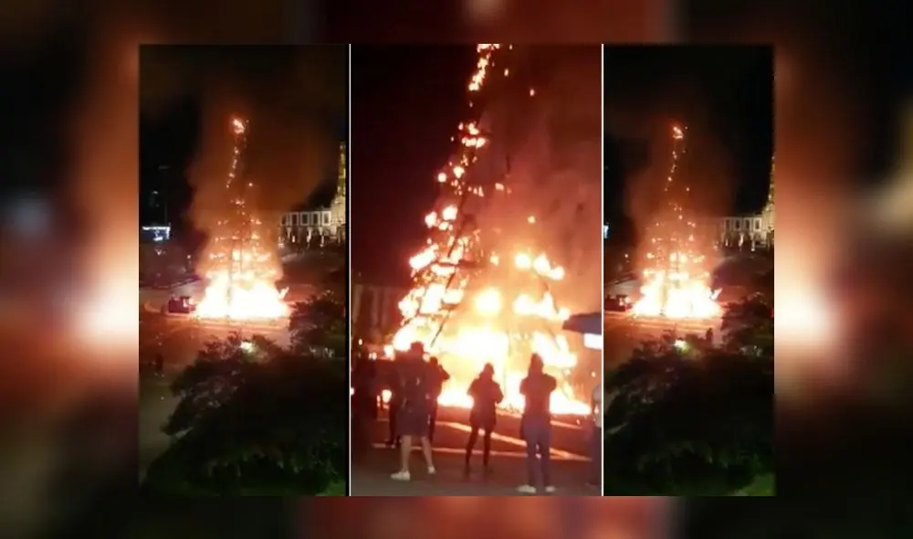 El incendio consumió el árbol navideño por completo. Foto: Twitter. El incendio consumió el árbol navideño por completo. Foto: Twitter.