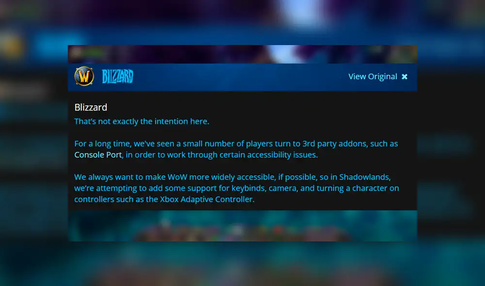 Comunicado de Blizzard confirmando que también se podrá usar el Xbbox Adaptative Controller para jugar World of Warcraft Shadowlands.