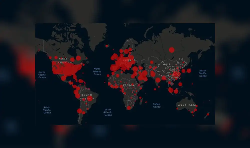 Mapa del coronavirus en el mundo por la Universidad Johns Hopkins. Foto: captura Mapa del coronavirus en el mundo por la Universidad Johns Hopkins. Foto: captura