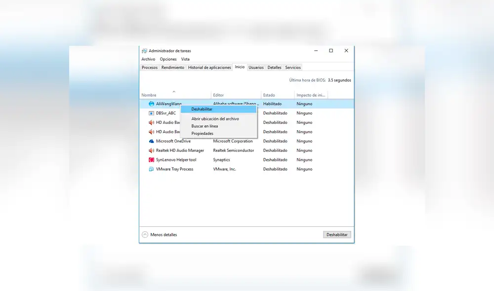 Desactiva el inicio automático de aplicaciones en Windows 10.