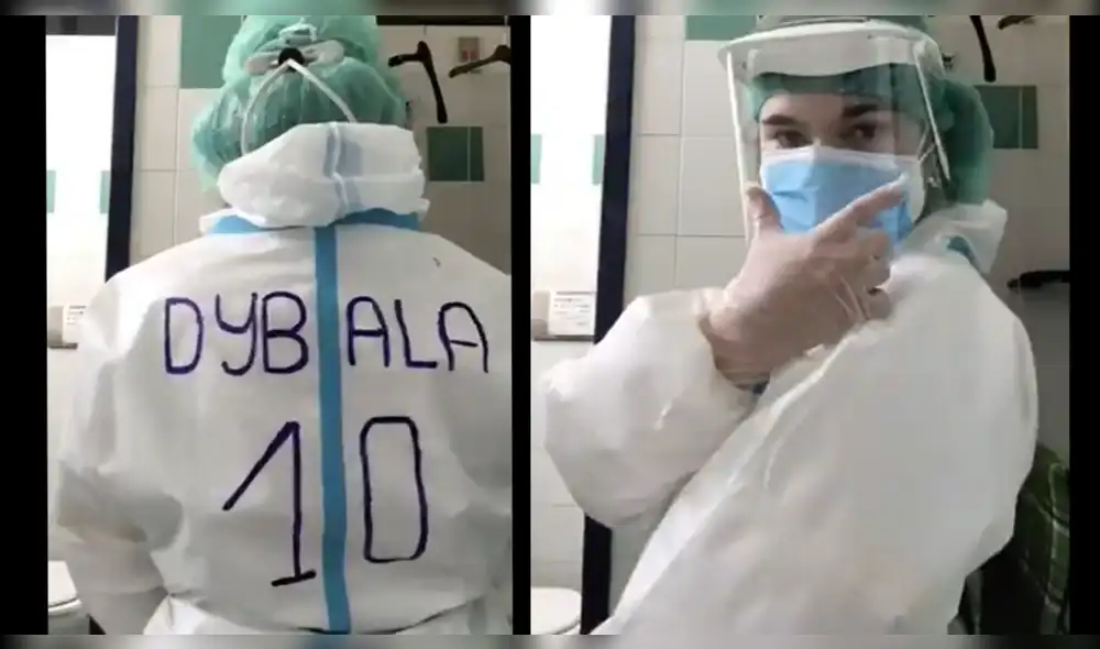 Paulo Dybala: enfermera pone el nombre del argentino encima de su traje de bioseguridad. Foto: AFP