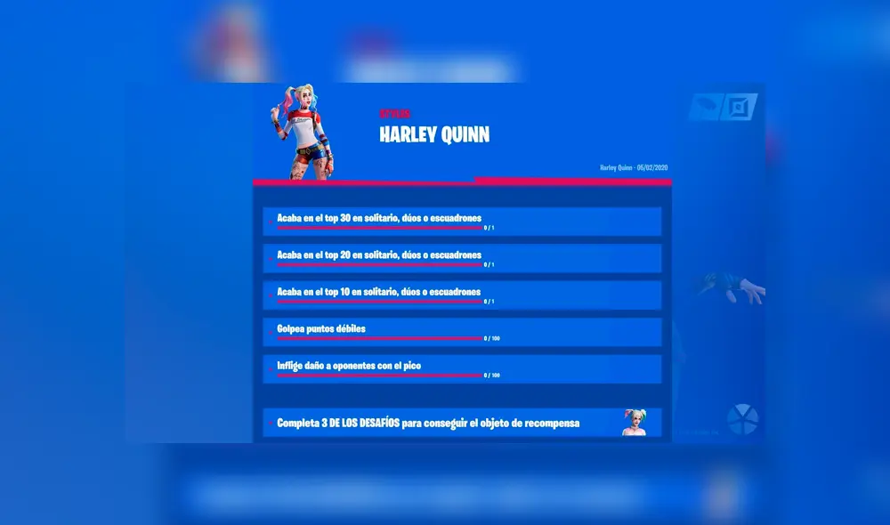 Desafíos para desbloquear la skin de Harley Quinn en Fortnite. Desafíos para desbloquear la skin de Harley Quinn en Fortnite.
