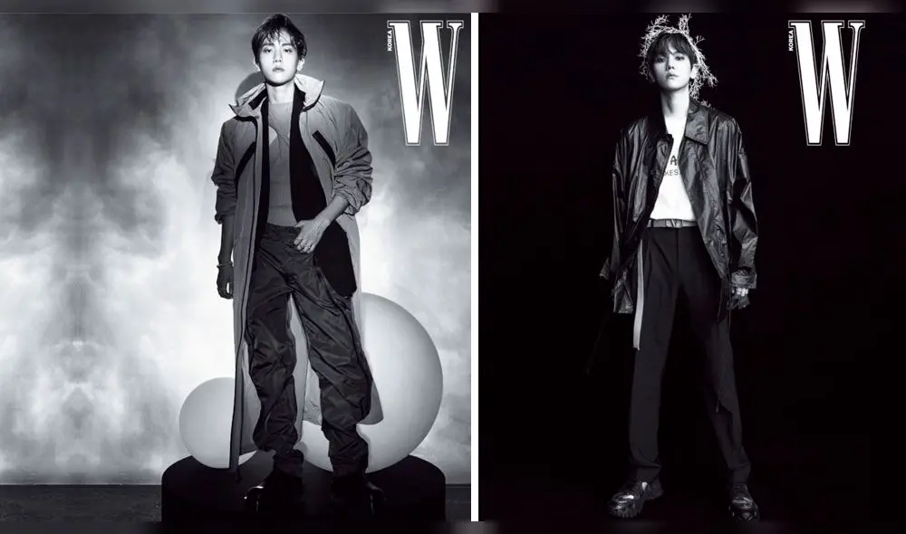 Izquierda. Baekhyun de EXO luce total look de Bottega Veneta. Joyería Cartier.  Derecha: Blouson, pantalones, cinturón y  zapatillas de Valentino. Camiseta de Ermenegildo Zegna. Wkorea. Mayo, 2020.