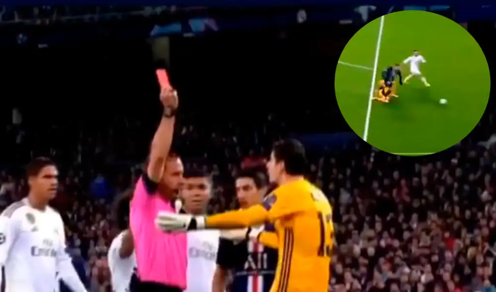 Thibaut Courtois fue expulsado por cometer una falta en el área, pero el VAR lo salvó. | Foto: Fox Sports Thibaut Courtois fue expulsado por cometer una falta en el área, pero el VAR lo salvó. | Foto: Fox Sports