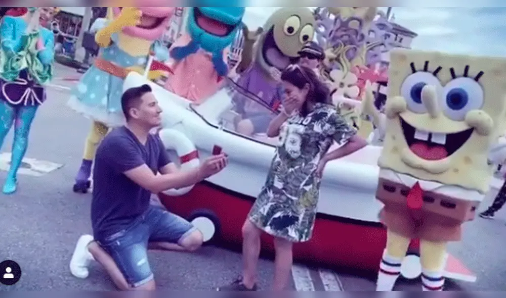 Pedro Loli se vistió de Bob Esponja y pidió matrimonio a Fiorella Méndez [VIDEO]