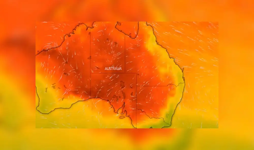 La temperatura monitoreada refleja una gran concentración térmica en el centro de Australia, acercándose a las principales ciudades, ubicadas en la costa Este. Crédito: Windy.com La temperatura monitoreada refleja una gran concentración térmica en el centro de Australia, acercándose a las principales ciudades, ubicadas en la costa Este. Crédito: Windy.com
