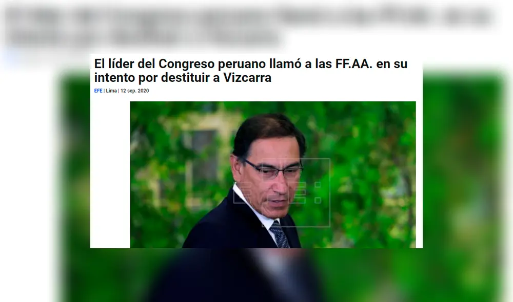 La Agencia de Noticias EFE destacó que los intentos de Merino por involucrar a los militares en este proceso político alimentaron la tesis de "complot contra la democracia" Foto: captura web La Agencia de Noticias EFE destacó que los intentos de Merino por involucrar a los militares en este proceso político alimentaron la tesis de "complot contra la democracia" Foto: captura web