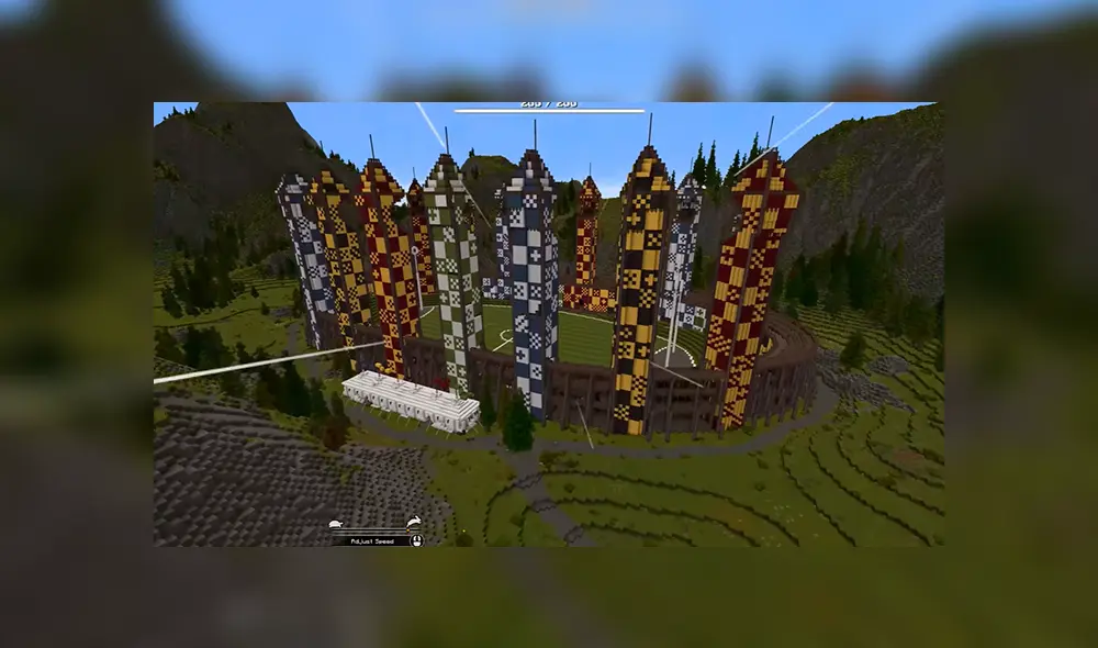 Vista panorámica del campo de Quidditch dentro de Minecraft.
