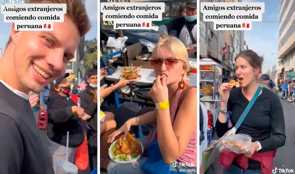 Los turistas se sentaron por varios minutos para disfrutar con la mano de los platillos y bebidas de nuestro país. Foto: composición LR/TikTok/@at_0909