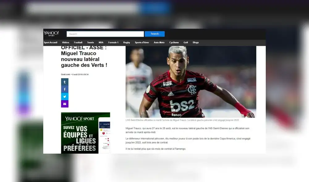 Así informaron los medios franceses sobre la incorporación de Miguel Trauco en el Saint Étienne.