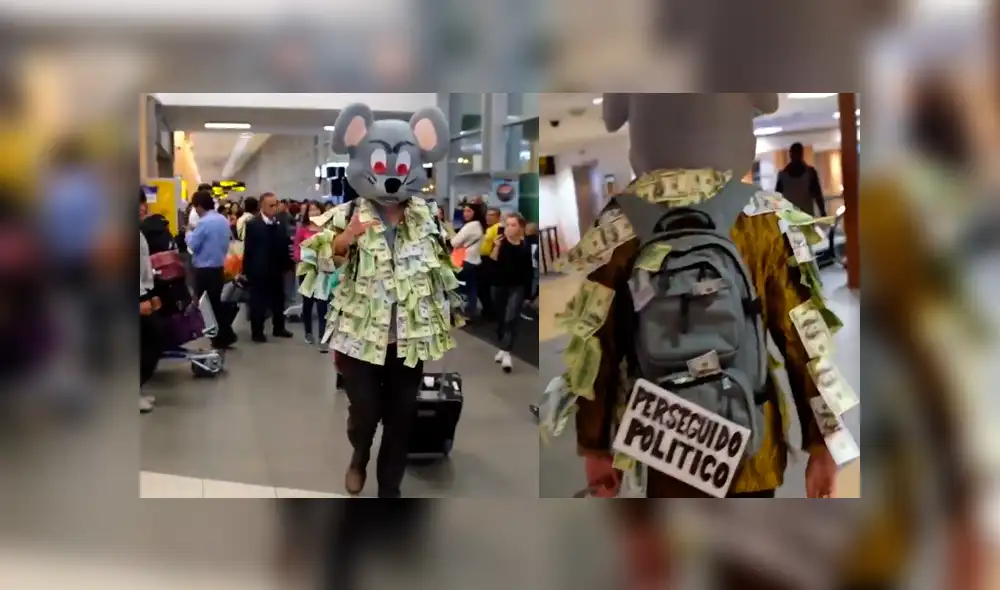Video es viral en Facebook. Un joven sorprendió a todos en el aeropuerto Jorge Chávez, luego de que caminara por las instalaciones con su equipaje y disfrazado de rata. Foto: Captura.