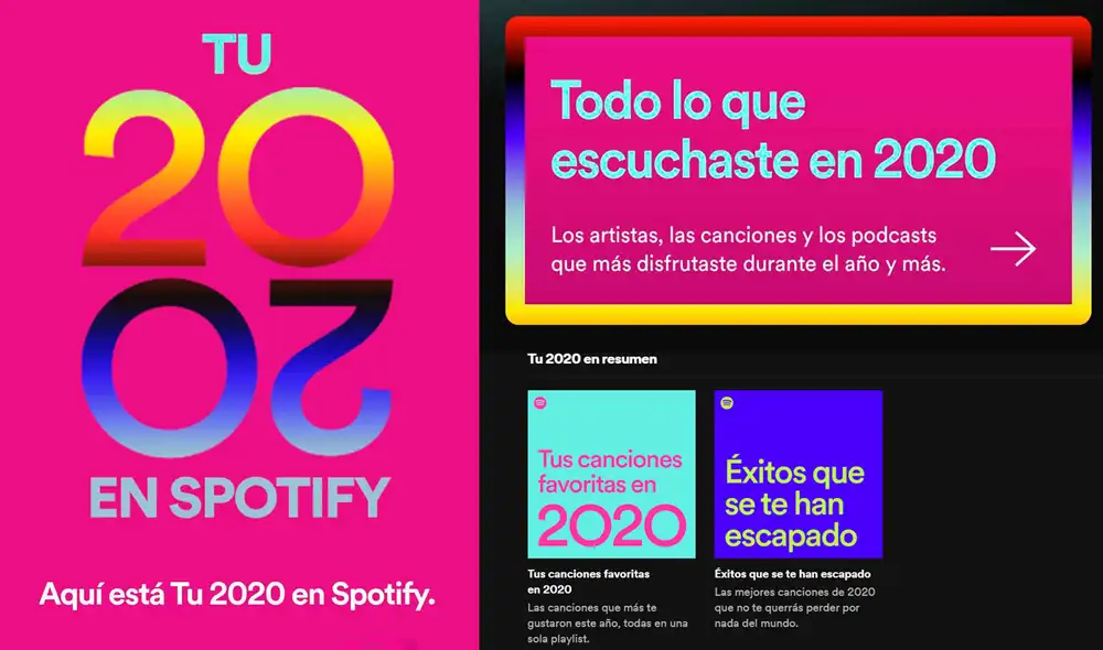 Así luce el nuevo apartado Wrapped de Spotify para 2020, un detallado resumen de lo que más escuchaste en el año. Foto: Spotify, composición