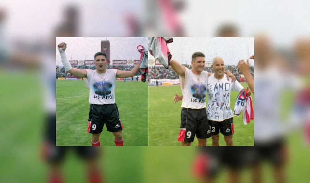 Luis Fabián Artime festeja uno de sus 24 goles con Melgar junto al uruguayo Mauricio "El loco"  Martínez