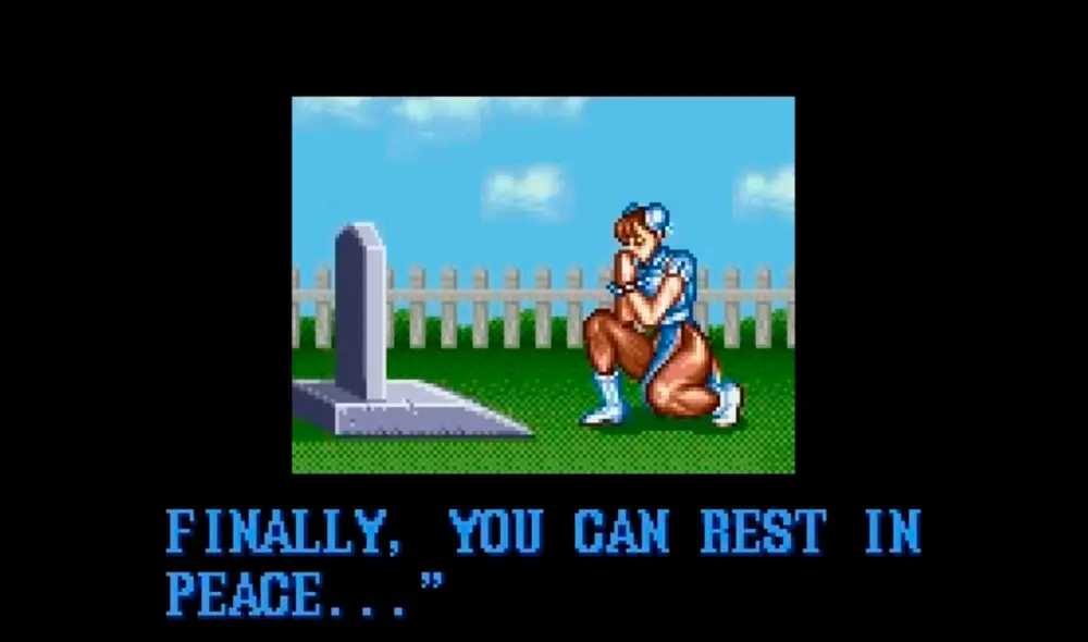Chun Li aparece rezando frente a una tumba tras derrotar a M. Bison. Foto: Street Fighter II